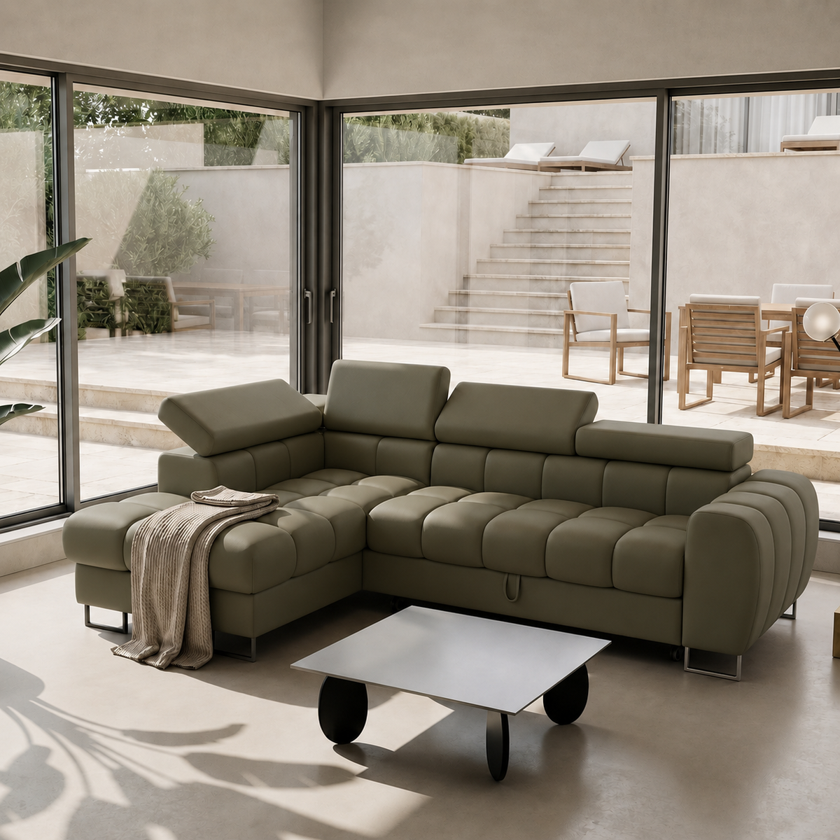 ASPEN MINI Ecksofa Leder mit Schlaffunktion, Bettkasten & verstellbaren Kopfstützen 260×170 cm – Olivgrün (L-2)
