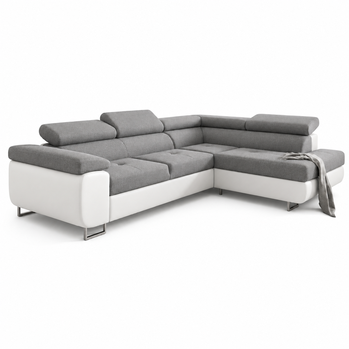 Ecksofa Antonia mit Schlaffunktion, Bettkasten & verstellbaren Kopfstützen – Stoff Sawana/Soft, Hellgrau Weiß