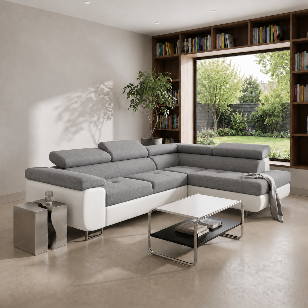 Ecksofa Antonia mit Schlaffunktion, Bettkasten & verstellbaren Kopfstützen – Stoff Sawana/Soft, Hellgrau Weiß