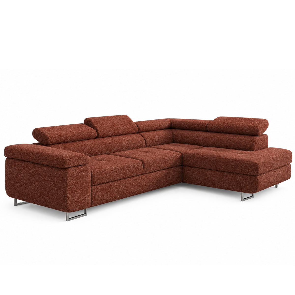 Ecksofa Antonia mit Schlaffunktion, Bettkasten & verstellbaren Kopfstützen – BOUCLÉ Kupfer (Loop 10)