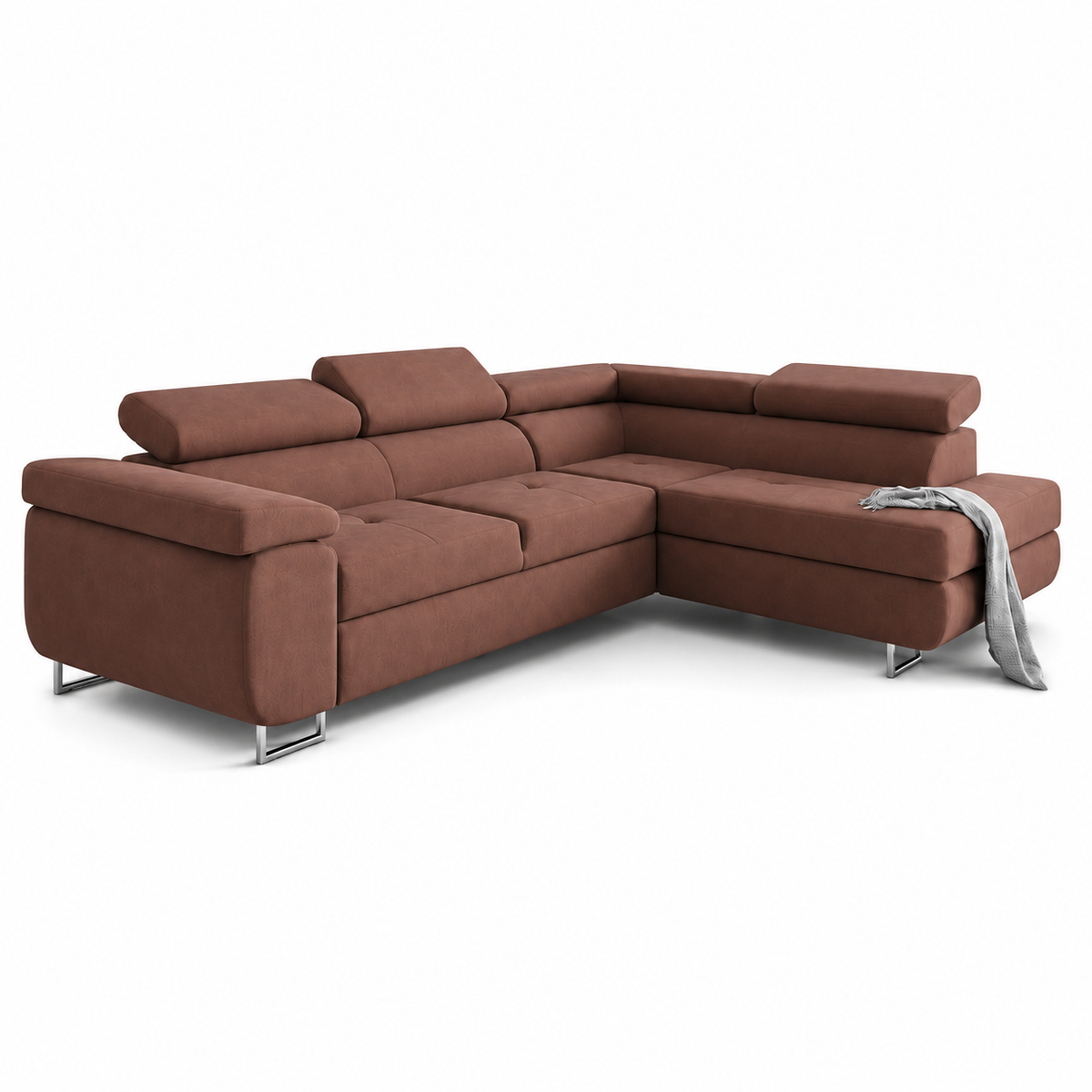Ecksofa Antonia mit Schlaffunktion, Bettkasten & verstellbaren Kopfstützen – Altrosa-Braun (Monolith 63)