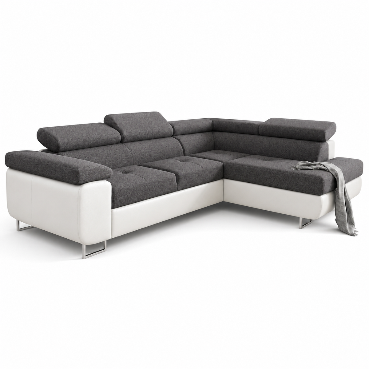 Ecksofa Antonia mit Schlaffunktion, Bettkasten & verstellbaren Kopfstützen – Stoff Sawana/Soft, Grau Weiß