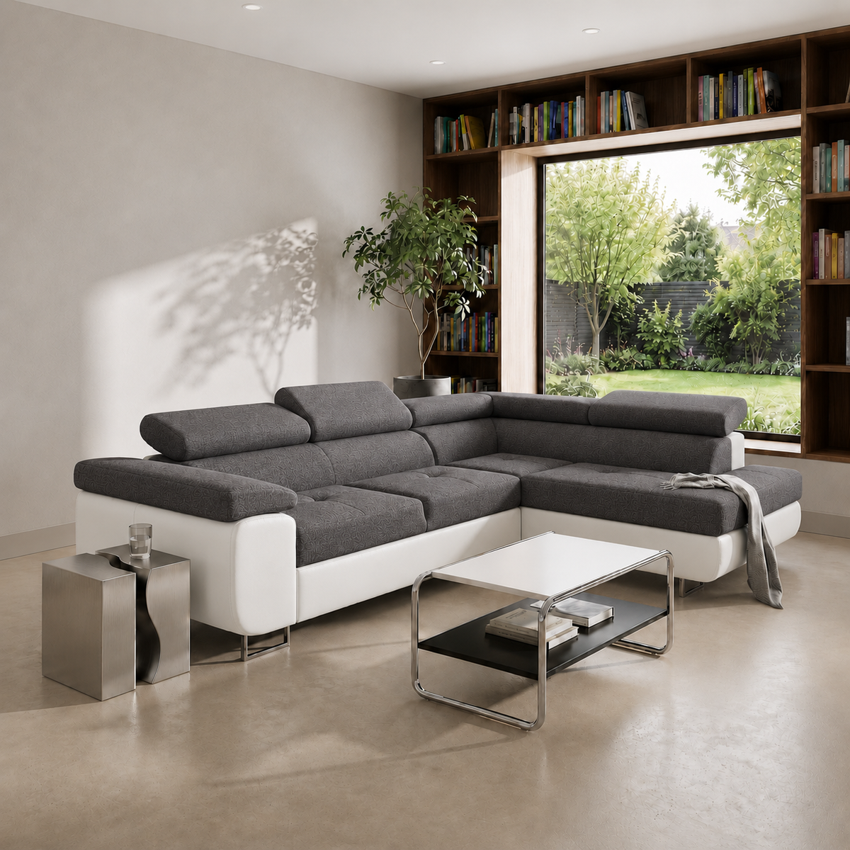 Ecksofa Antonia mit Schlaffunktion, Bettkasten & verstellbaren Kopfstützen – Stoff Sawana/Soft, Grau Weiß