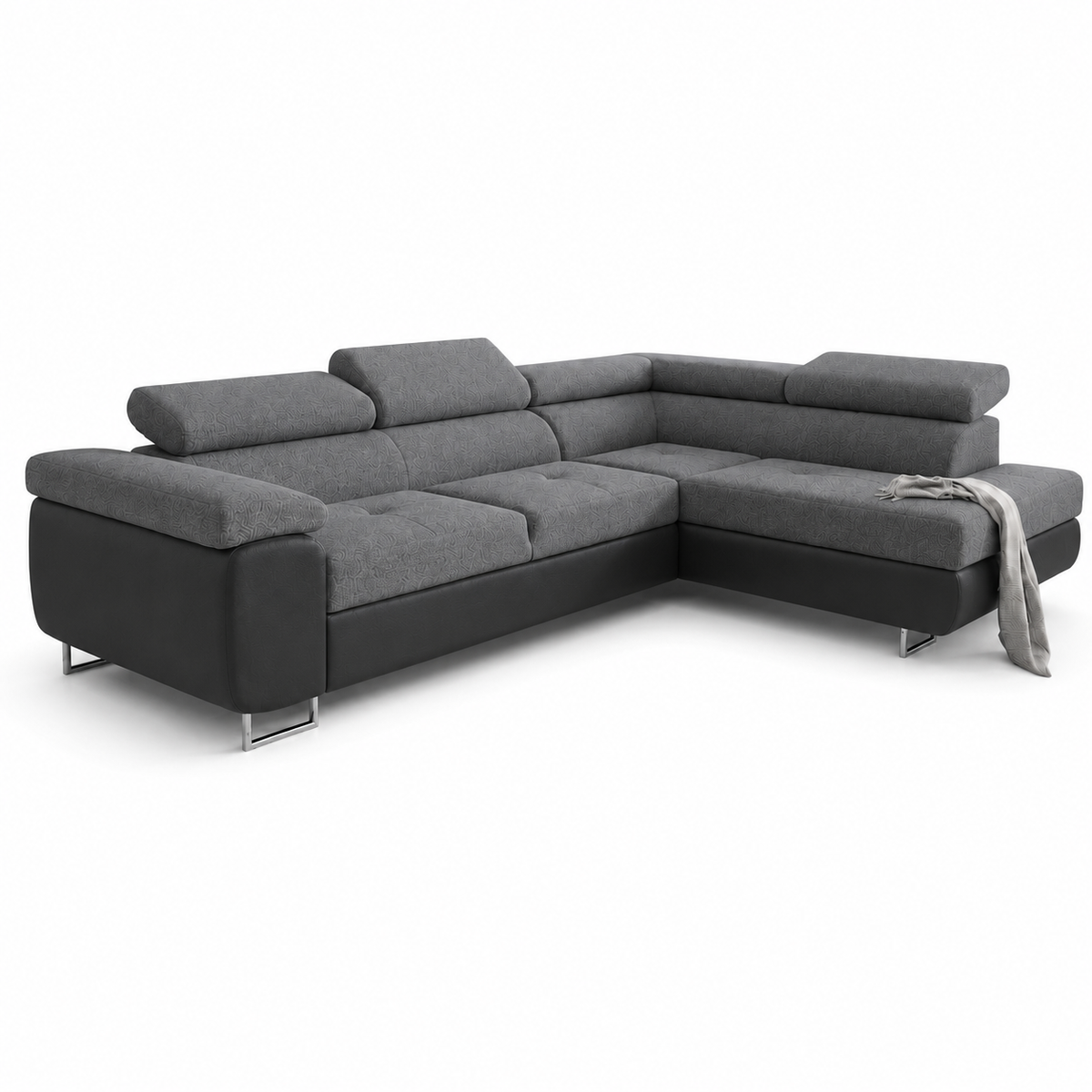Ecksofa Antonia mit Schlaffunktion, Bettkasten & verstellbaren Kopfstützen – Stoff Sawana/Soft, Hellgrau Schwarz