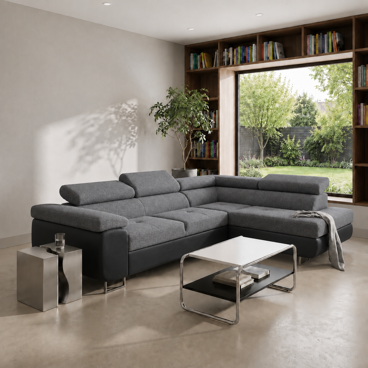 Ecksofa Antonia mit Schlaffunktion, Bettkasten & verstellbaren Kopfstützen – Stoff Sawana/Soft, Hellgrau Schwarz