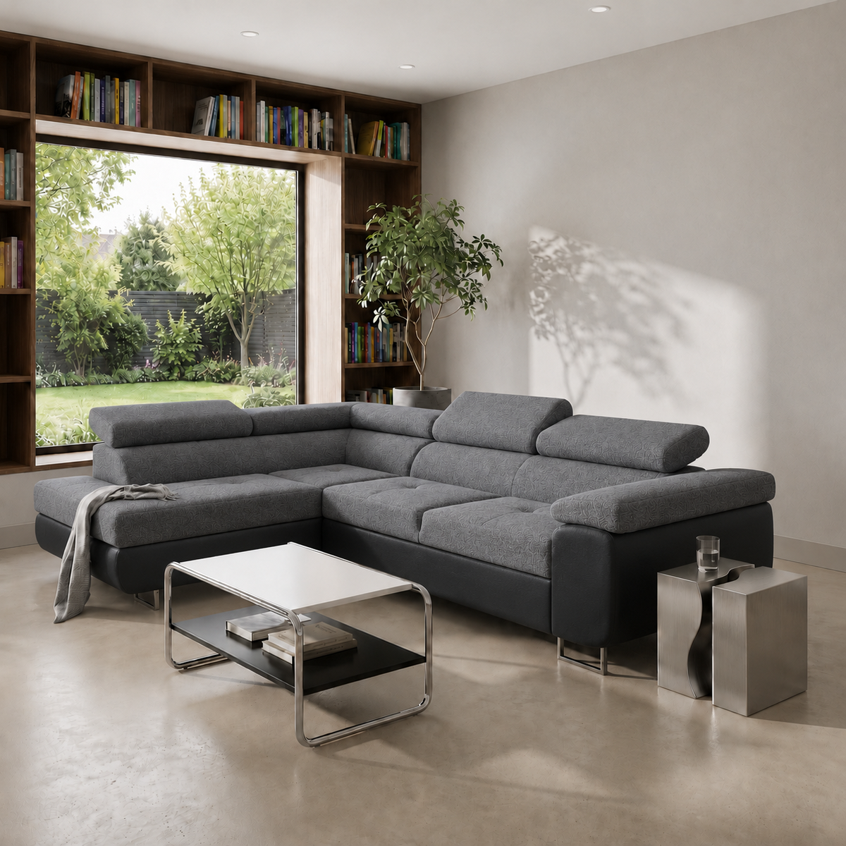Ecksofa Antonia mit Schlaffunktion, Bettkasten & verstellbaren Kopfstützen – Stoff Sawana/Soft, Hellgrau Schwarz