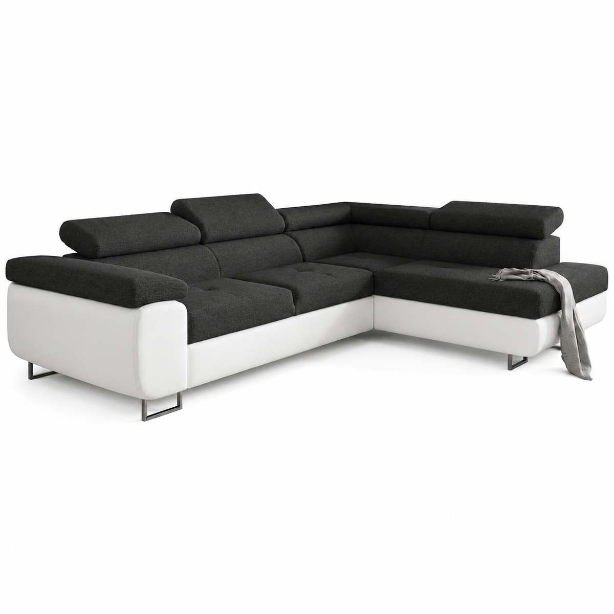 Ecksofa Antonia mit Schlaffunktion, Bettkasten & verstellbaren Kopfstützen – Stoff Sawana/Soft, Schwarz Weiß
