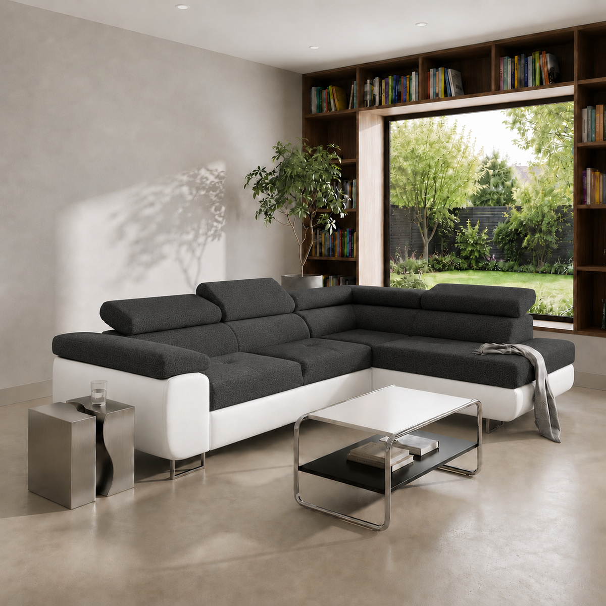 Ecksofa Antonia mit Schlaffunktion, Bettkasten & verstellbaren Kopfstützen – Stoff Sawana/Soft, Schwarz Weiß