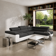 Ecksofa Antonia mit Schlaffunktion, Bettkasten & verstellbaren Kopfstützen – Stoff Sawana/Soft, Schwarz Weiß