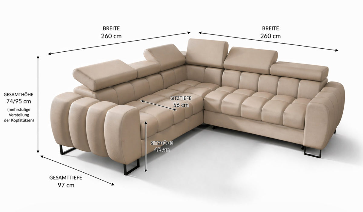 Ecksofa ASPEN MAX 260×260 cm – Ledersofa mit verstellbaren Kopfstützen, Schlaffunktion & Bettkasten, Creme (U-9)