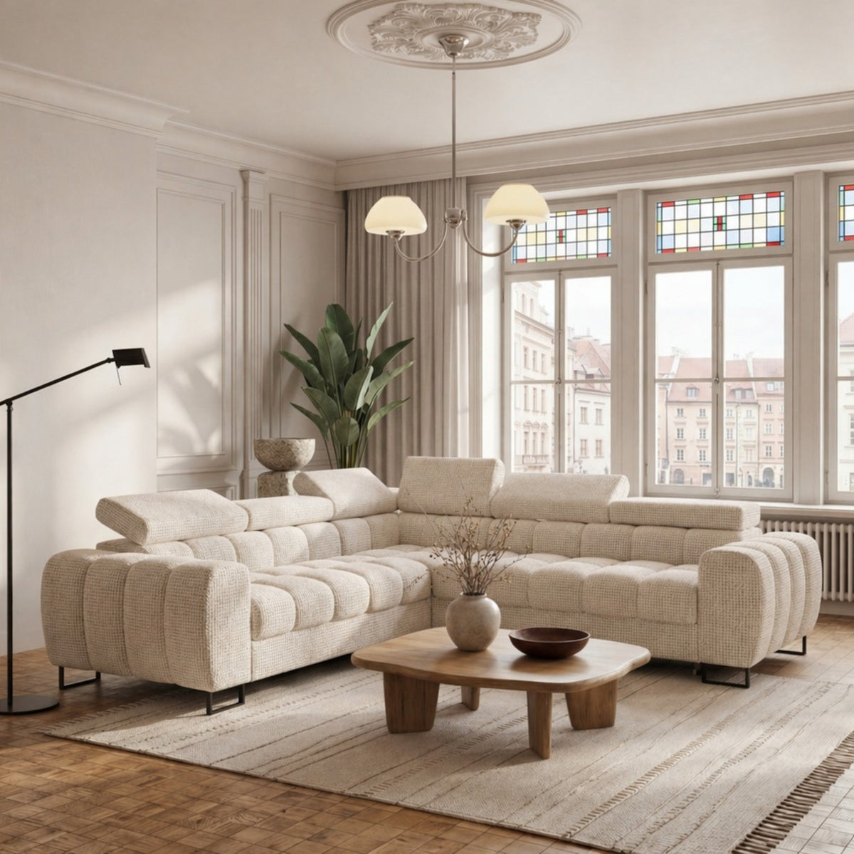 ASPEN MAX Ecksofa mit Schlaffunktion, verstellbare Kopfstützen & Bettkasten, 260×260 cm, Creme Beige (Aragon 03)