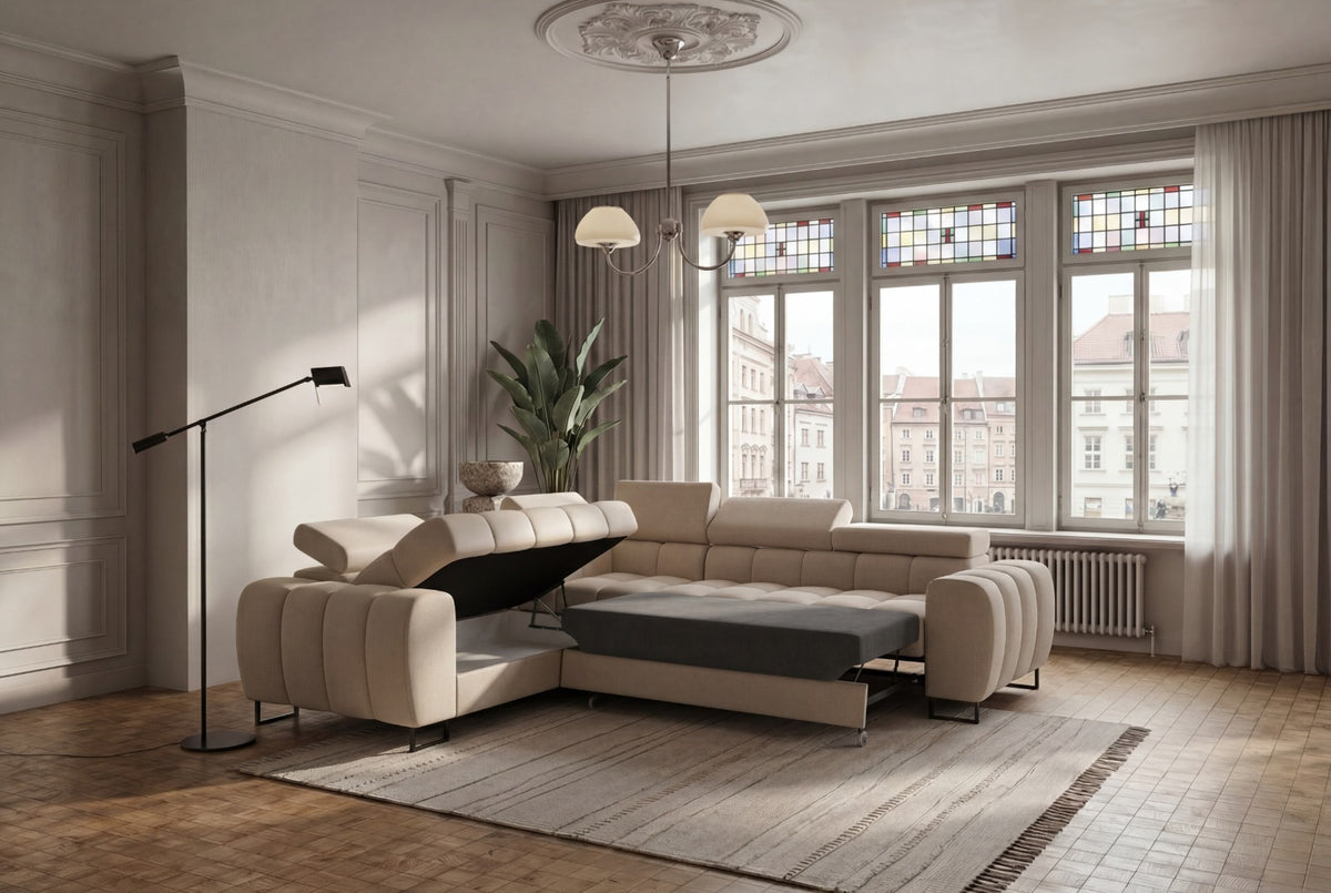 Ecksofa ASPEN MAX 260×260 cm – Ledersofa mit verstellbaren Kopfstützen, Schlaffunktion & Bettkasten, Creme (U-9)