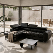 ASPEN MINI Ecksofa Leder mit Schlaffunktion, Bettkasten & verstellbaren Kopfstützen 260×170 cm – Schwarz (U-70)