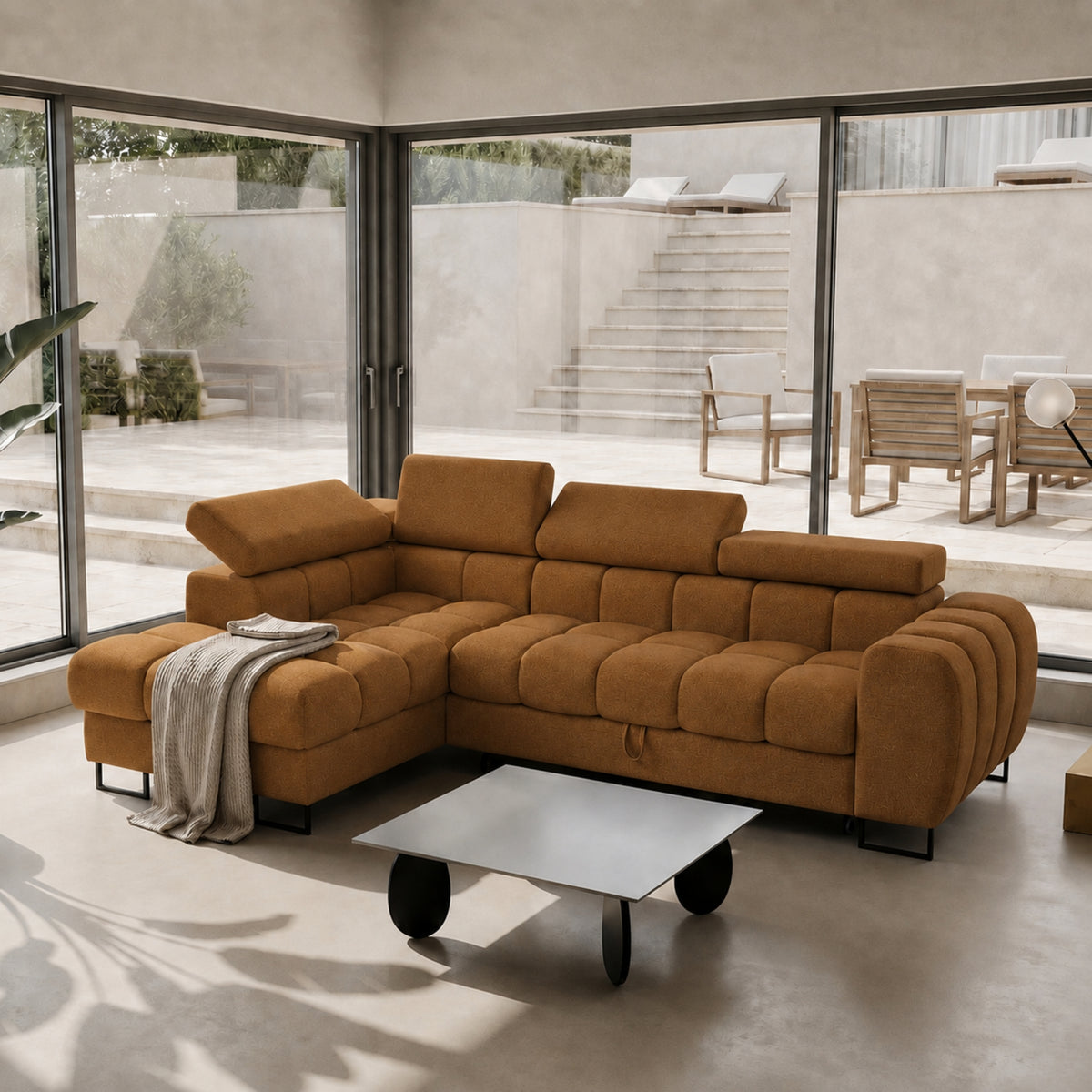ASPEN MINI Ecksofa mit Schlaffunktion, Bettkasten & verstellbaren Kopfstützen 260×170 cm, Kupferrot (Moly 51)