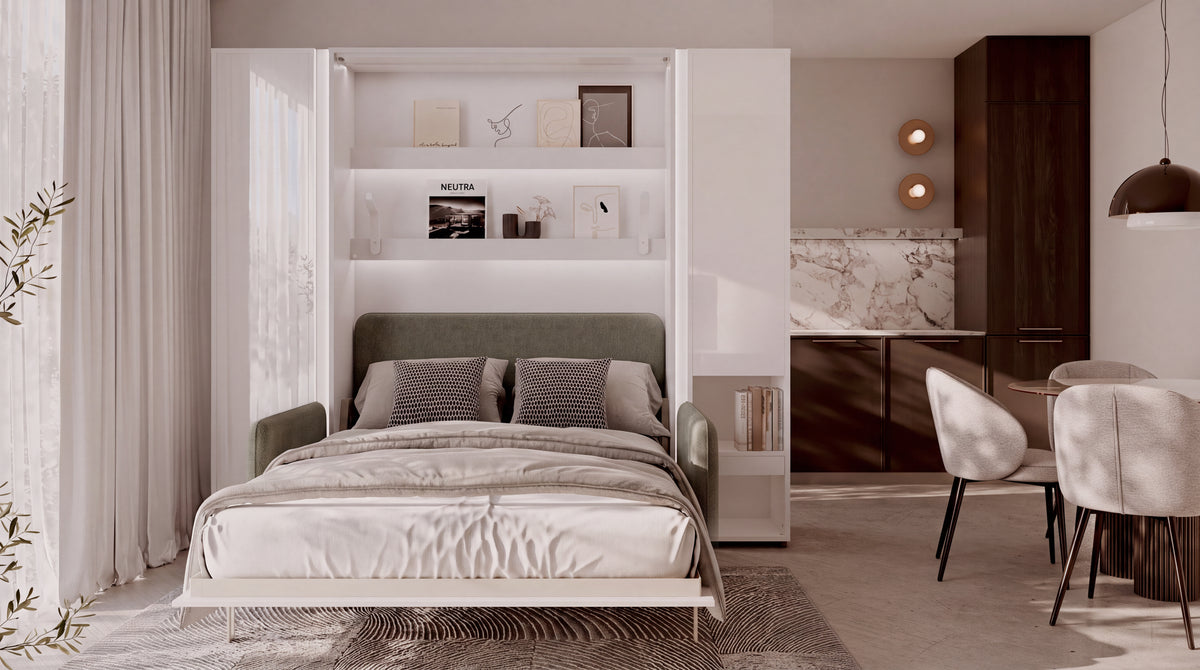 Elektrisches Schrankbett 140x200 BED CONCEPT BC-36 mit Kopfteil - Weiß Hochglanz