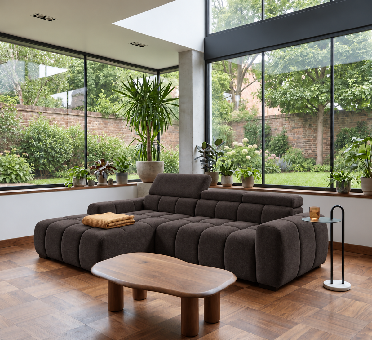 BULL S Ecksofa mit elektrischer Sitztiefenverstellung und Relaxfunktion – modernes Ecksofa 285 cm, Stoff Salvador 04 - Dunkelbraun