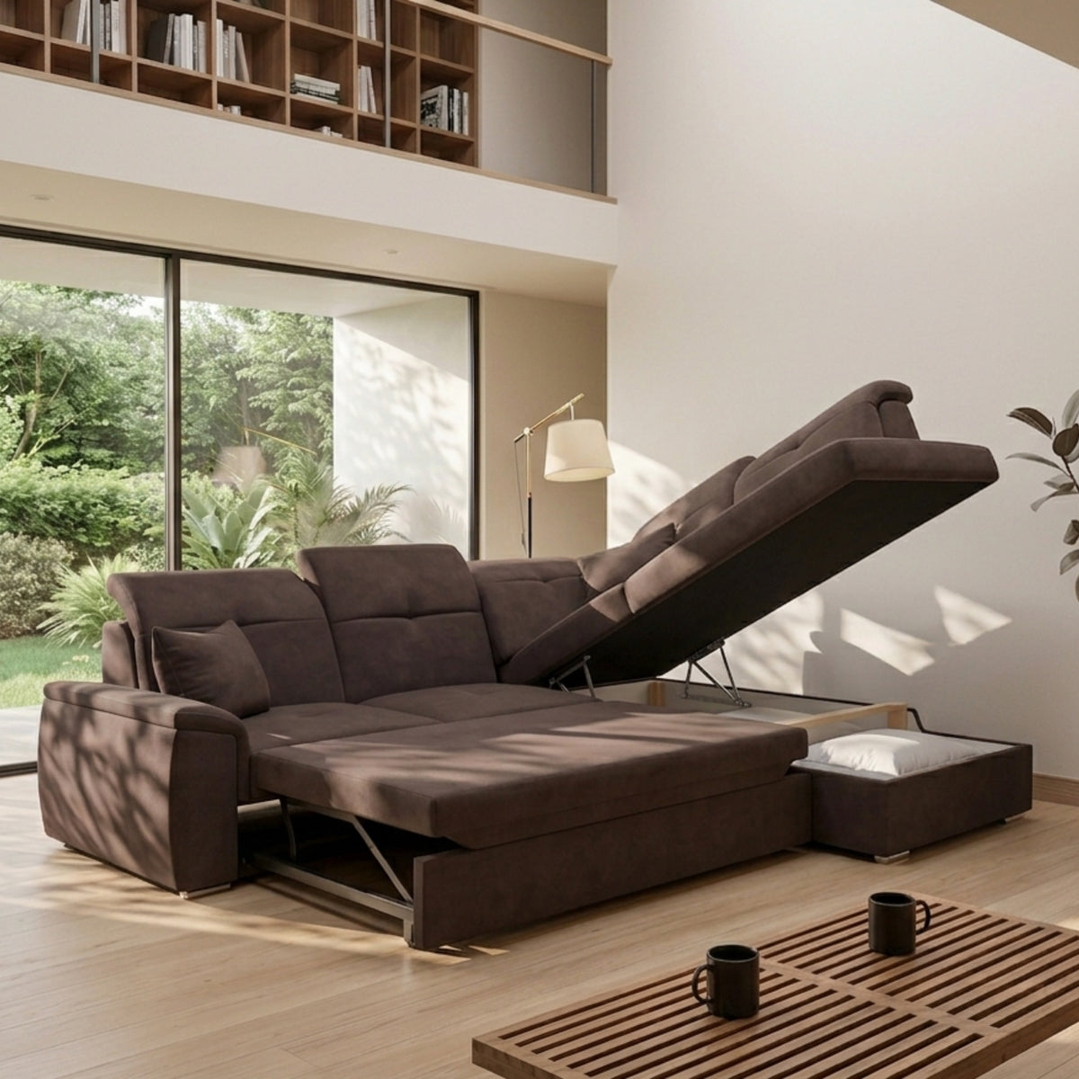 Ecksofa BONO L mit Schlaffunktion, Bettkasten und verstellbaren Kopfstützen – 255x202 cm - Dunkelblau