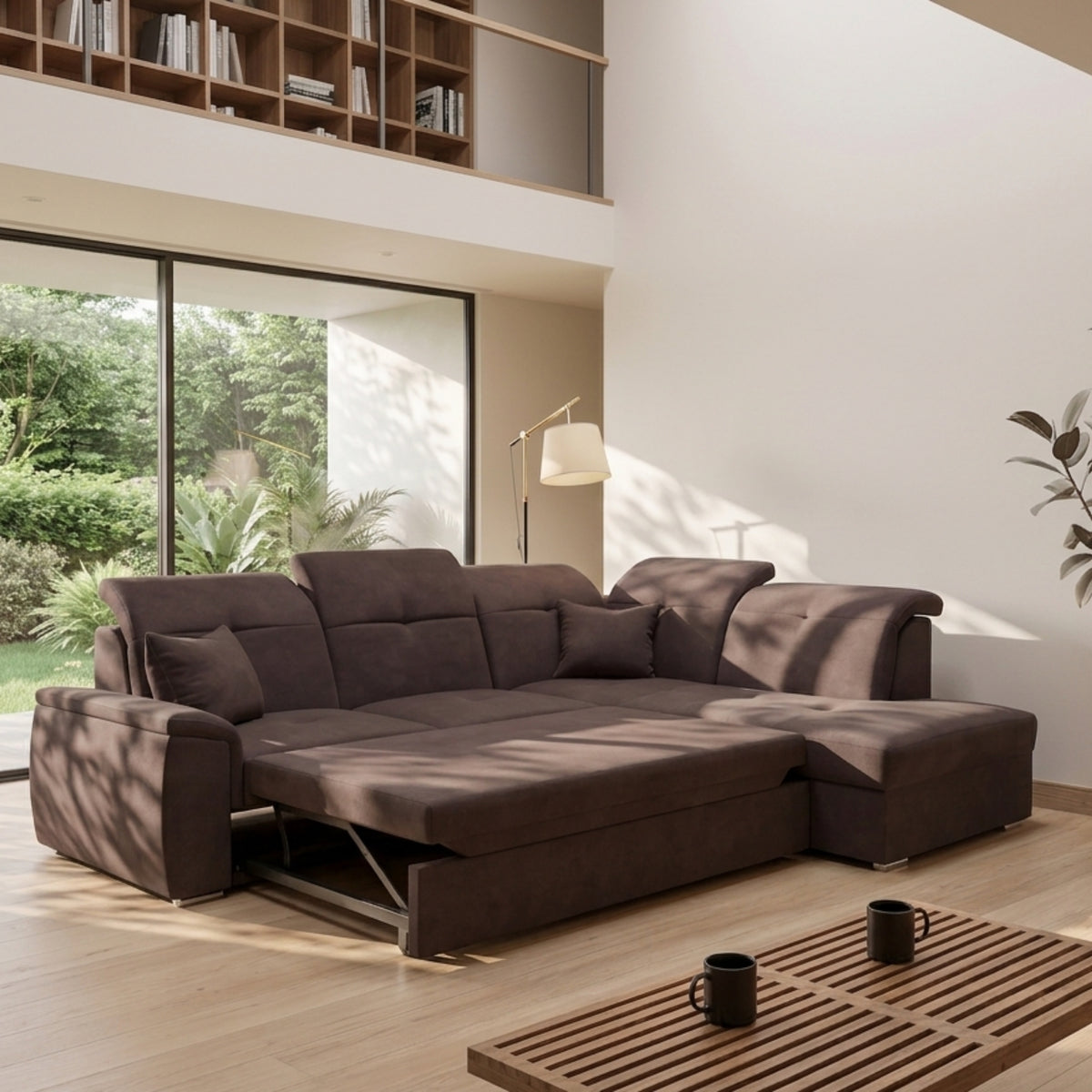 Ecksofa BONO L mit Schlaffunktion, Bettkasten und verstellbaren Kopfstützen – 255x202 cm - Dunkelblau