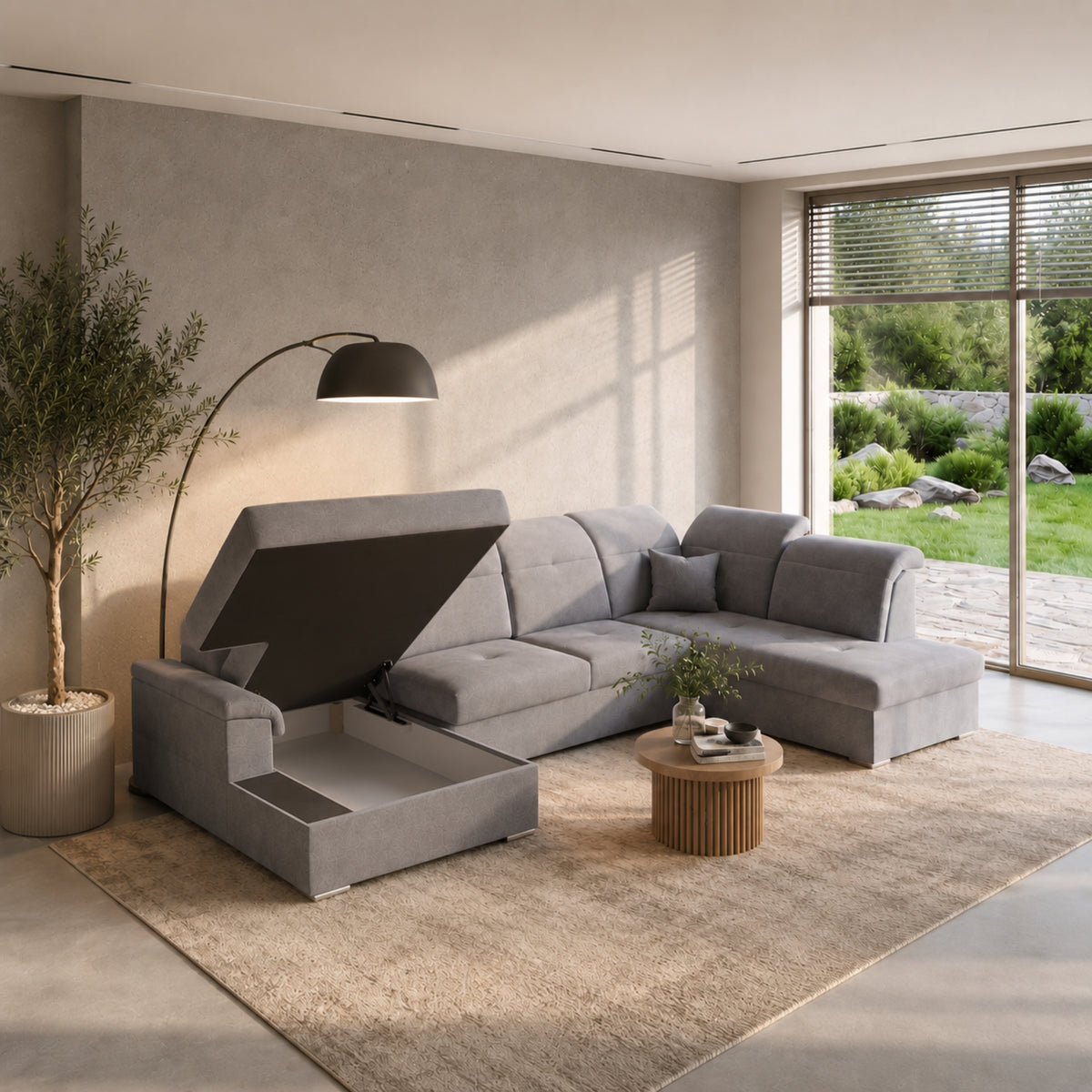 Ecksofa BONO U mit Schlaffunktion, verstellbaren Kopfstützen und Bettkasten – 320x202 cm, Brooklyn Stoff - Cement, Grau