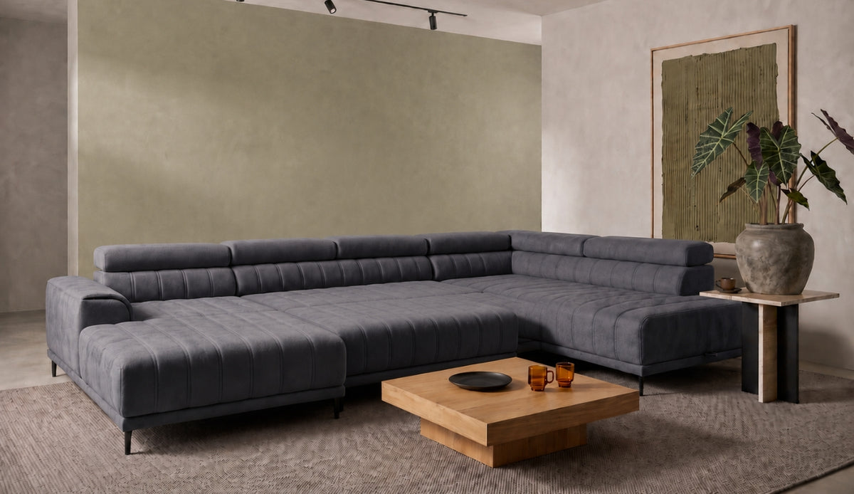 Ecksofa CALDO XL – U-Form mit Bettkasten, Schlaffunktion & Relaxfunktion, 342 cm, Dunkelgrau (Ontario 16)