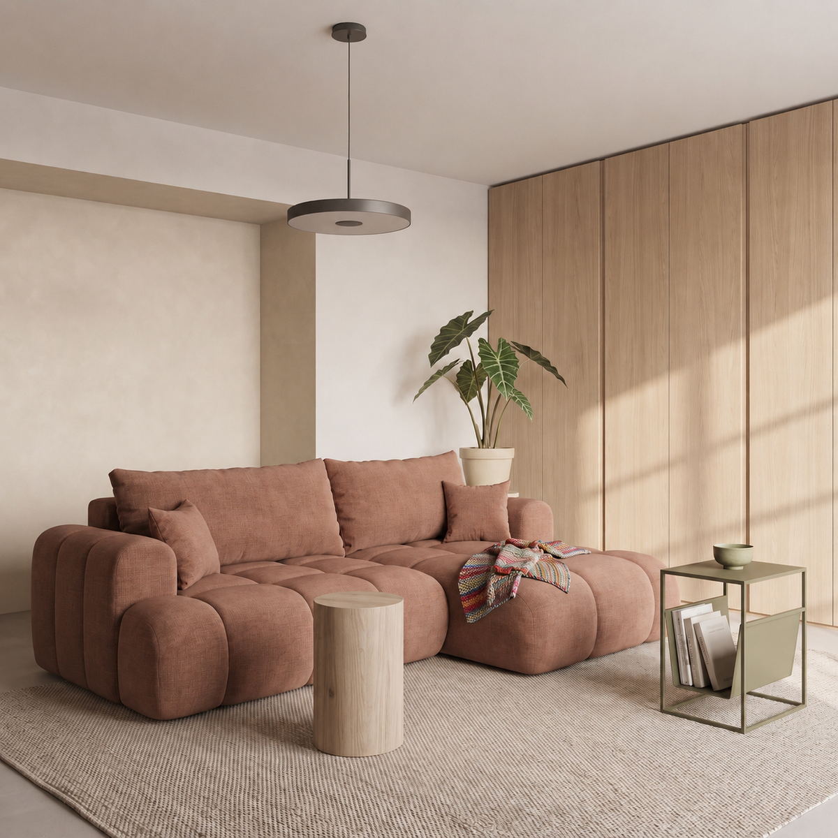 Ecksofa TREVIO L-Form mit Schlaffunktion und Bettkasten, Wolken-Design - Orange, Stoff Cremona 52