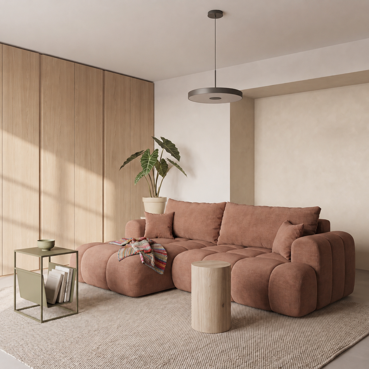 Ecksofa TREVIO L-Form mit Schlaffunktion und Bettkasten, Wolken-Design - Orange, Stoff Cremona 52