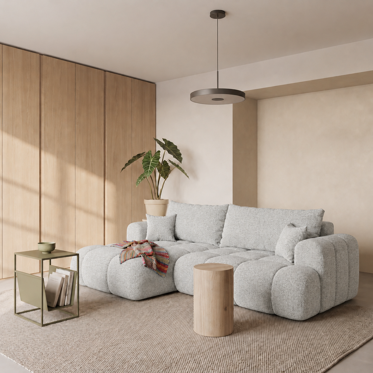 Ecksofa TREVIO L-Form mit Schlaffunktion und Bettkasten, Wolken-Design - Grau, Stoff Cremona 85