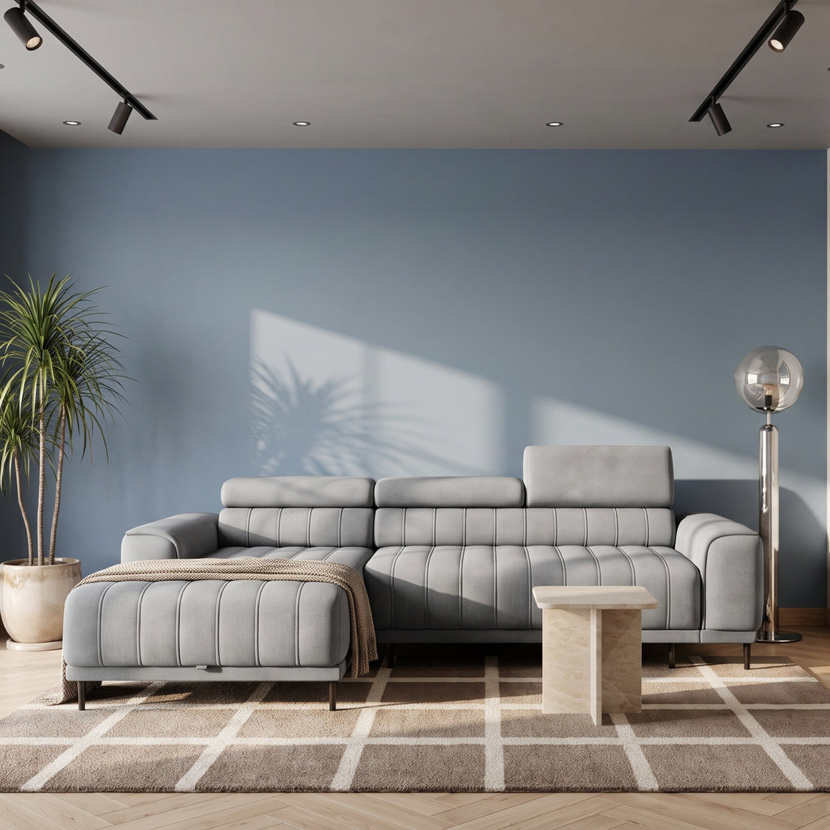 Ecksofa CALDO MINI mit Schlaffunktion Bettkasten Relaxfunktion Hellgrau (Ontario 14)