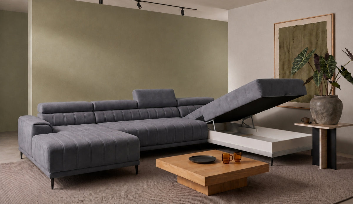 Ecksofa CALDO XL – U-Form mit Bettkasten, Schlaffunktion & Relaxfunktion, 342 cm, Beige (Ontario 02)
