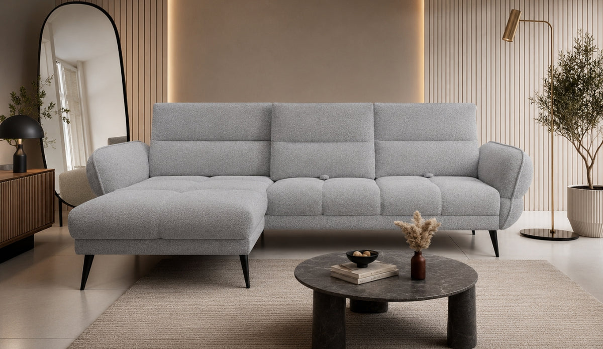 Modernes Ecksofa CAMPINA MINI – verschiebbare Rückenlehne, optional elektrisch 288x170 cm - Schwarz (Bubble 17)