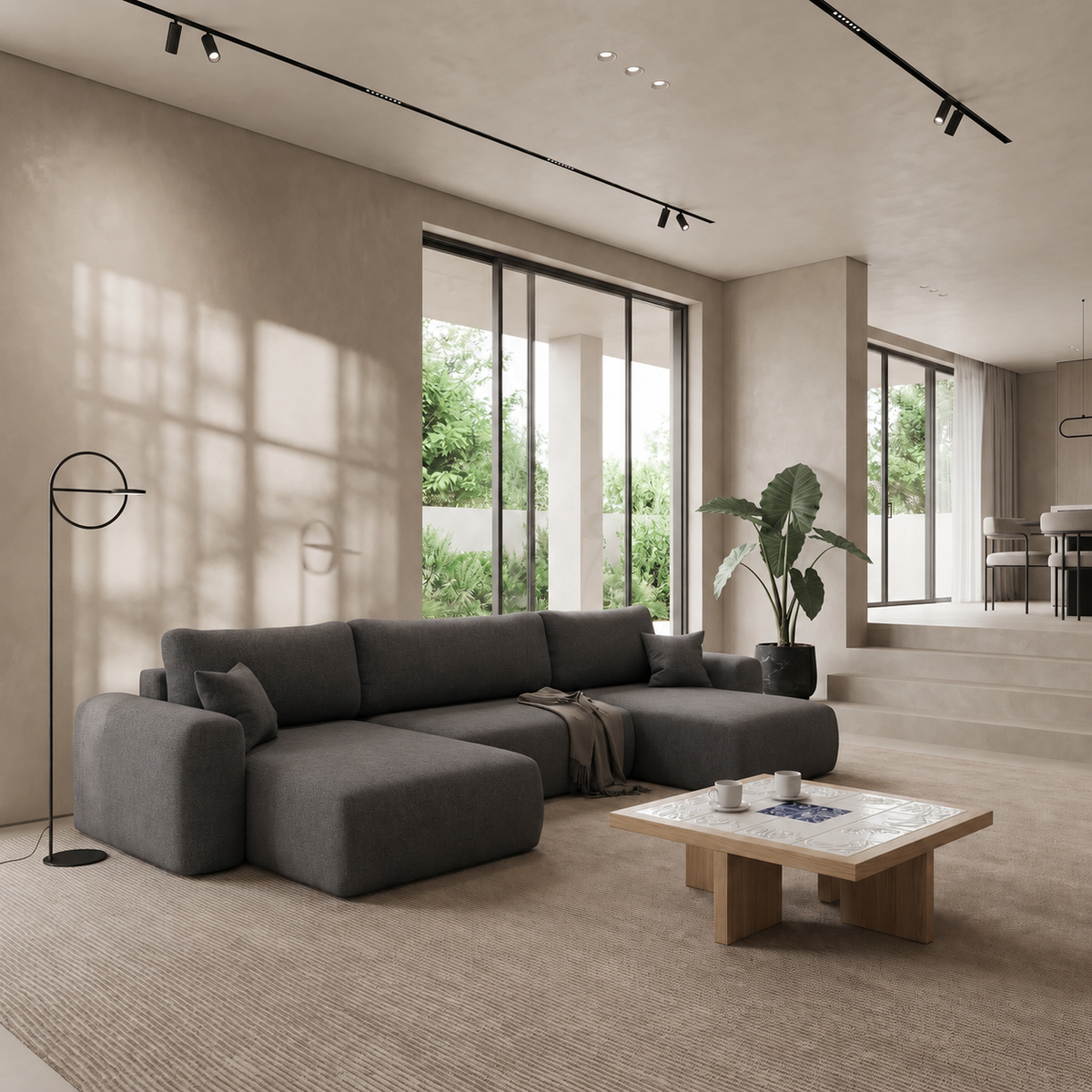 Ecksofa CAPRI U Wohnlandschaft mit Schlaffunktion Bettkasten Graphitgrau Universall (Neve 90)