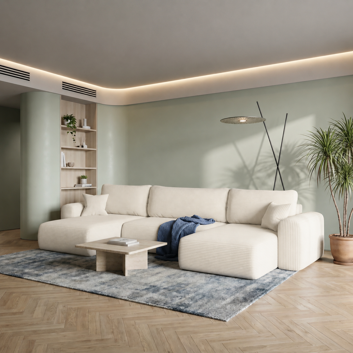Ecksofa CAPRI U Wohnlandschaft mit Schlaffunktion Bettkasten Creme (Poso 38)