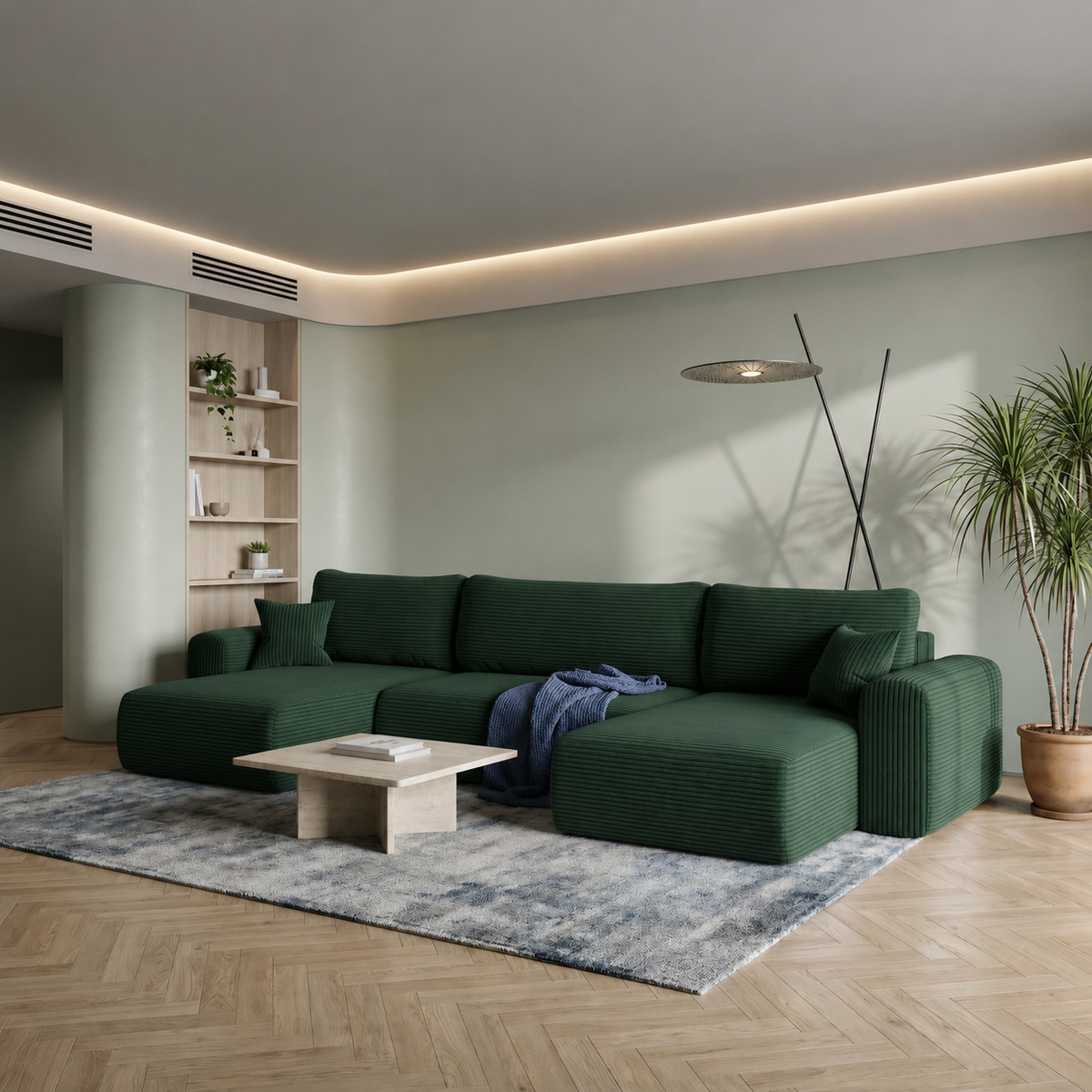 Ecksofa CAPRI U Wohnlandschaft mit Schlaffunktion Bettkasten Dunkelgrün (Poso 14)