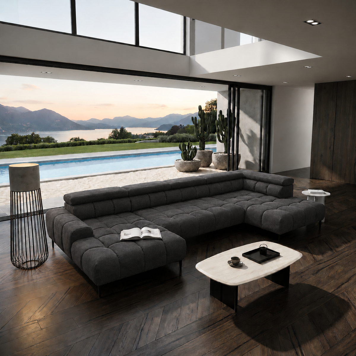 Ecksofa PLAZA XL mit Relaxfunktion und Sitztiefenverstellung Elektrisch Sofa, Dunkelgrau (Salvador 15)