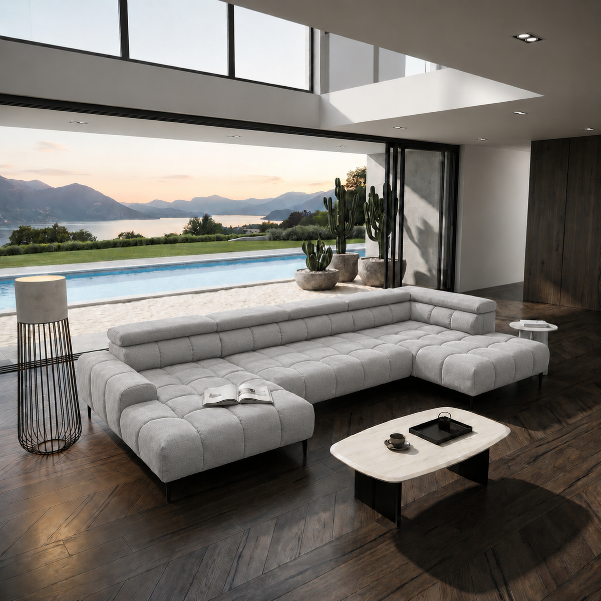 Ecksofa PLAZA XL mit Relaxfunktion und Sitztiefenverstellung Elektrisch Sofa, Hellgrau (Salvador 13)