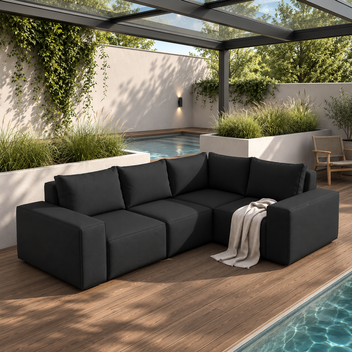 Ecksofa GARTEN Gartenmöbel Terrasse wasserdicht OUTDOOR, Schwarz