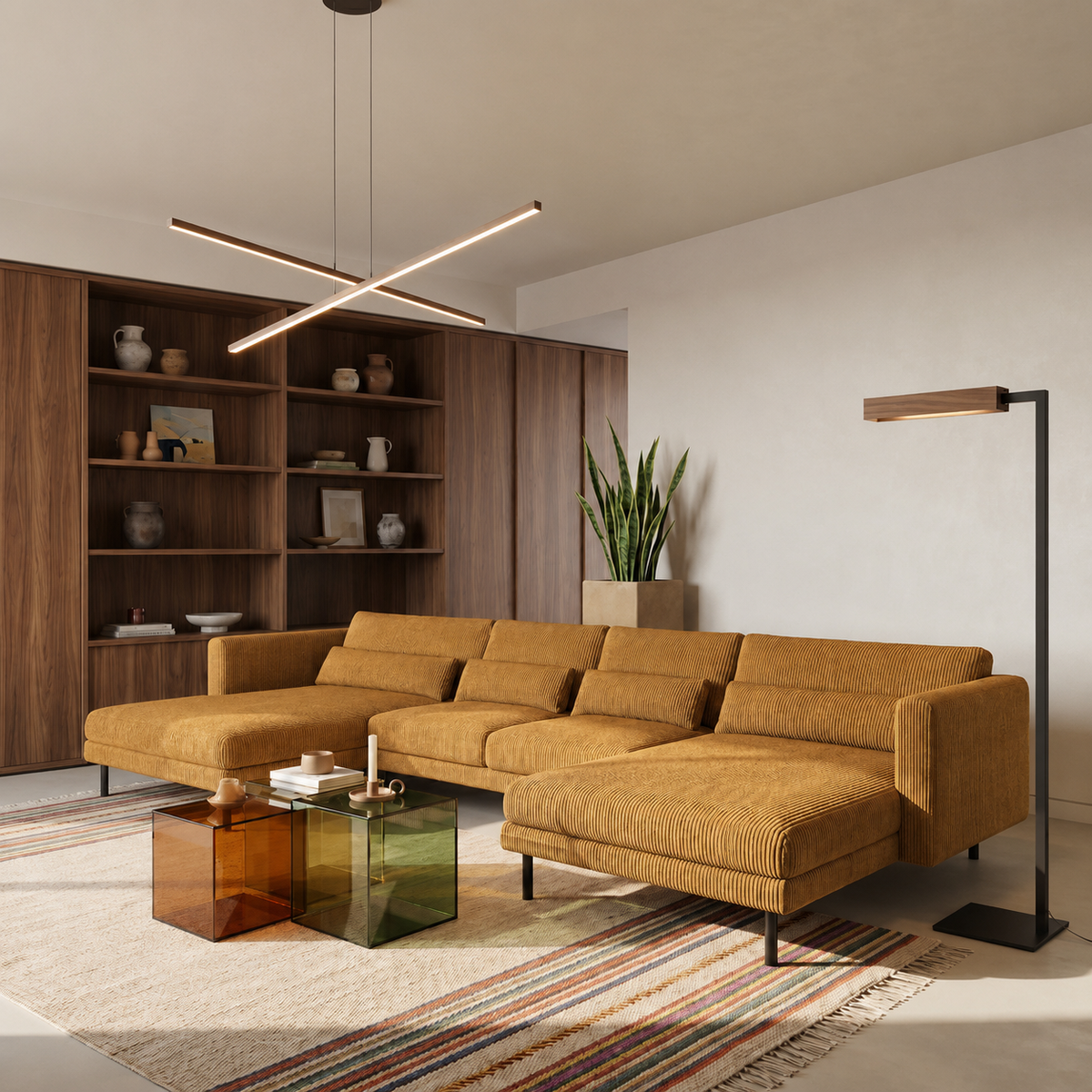 Ecksofa DANI U – Großes Wohnlandschaft Familiensofa in U-Form, bequeme Couch für Wohnzimmer mit Cordstoff POSO, Senfgelb Poso