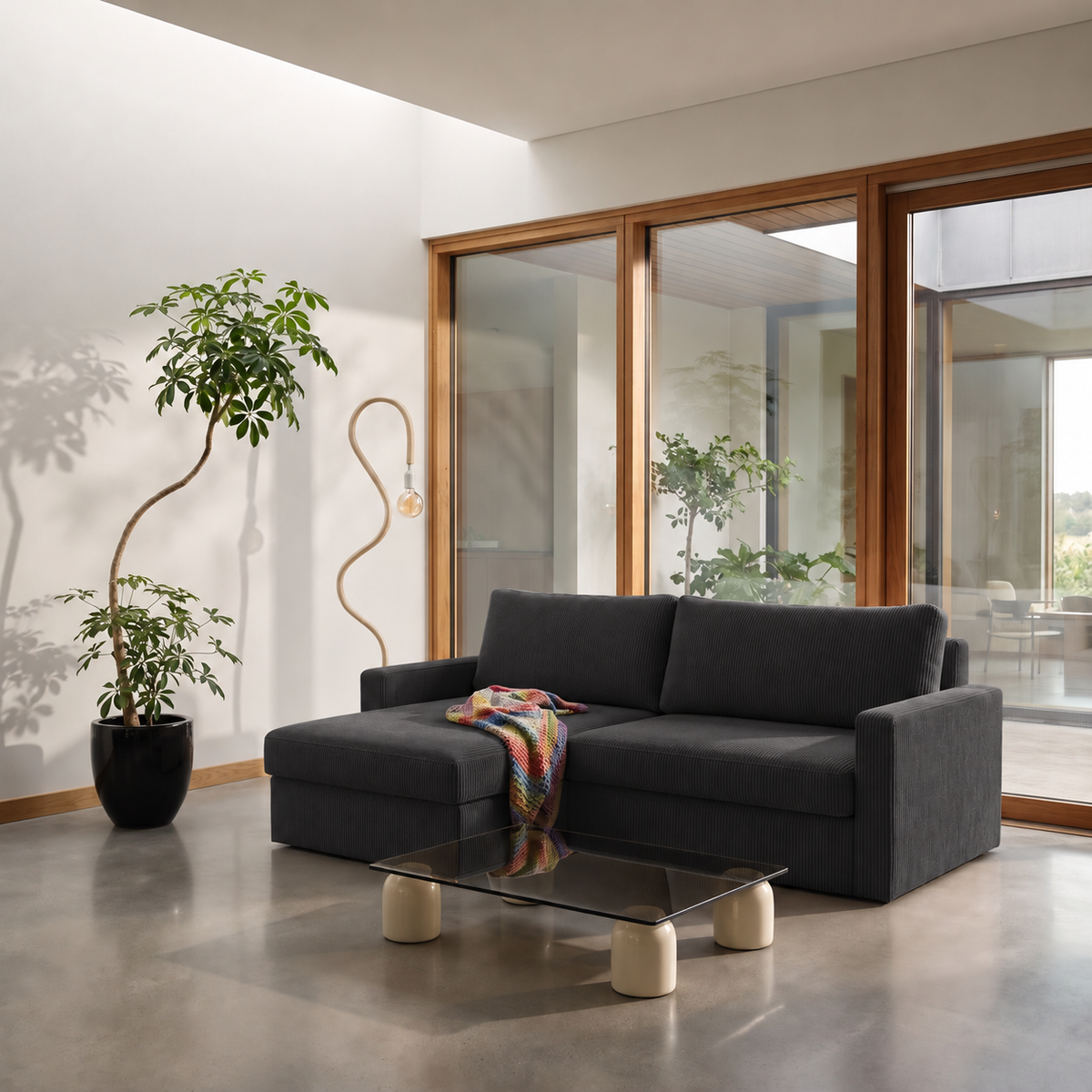Ecksofa FARO MINI – kompaktes Schlafsofa mit Stauraum, leichter Konstruktion und weichem Cordstoff POSO, Schwarz Poso 34