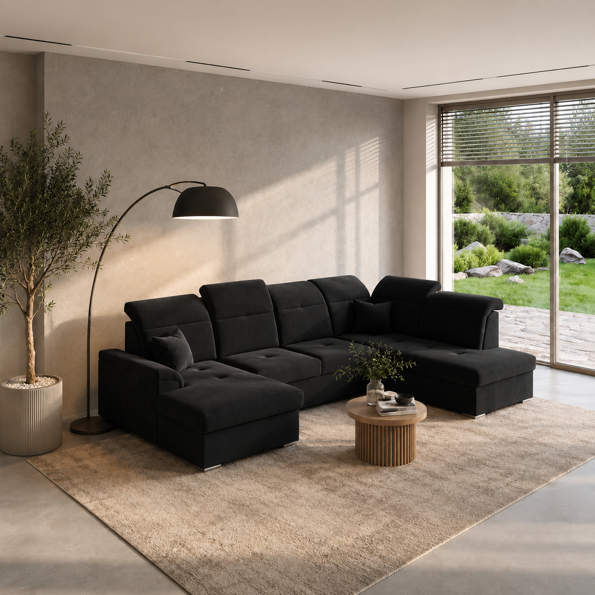 Ecksofa BONO U mit Schlaffunktion, verstellbaren Kopfstützen und Bettkasten – 320x202 cm, Brooklyn Stoff - Schwarz