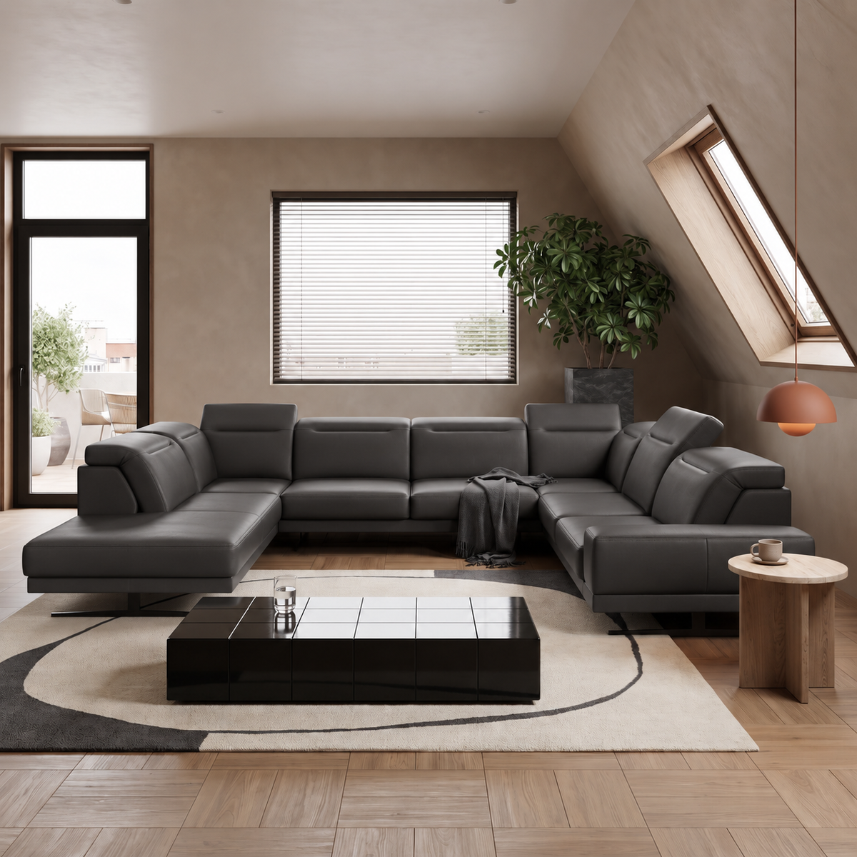 FIORE MAX I Ecksofa 350x265 cm, Echtleder U-25, Grau