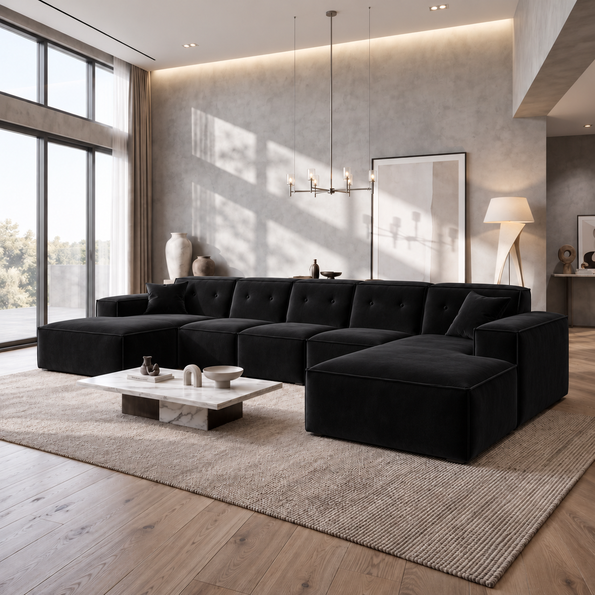 Ecksofa LUGA U XL 462 cm mit Knöpfen Samt Stoff Schwarz (Velvet Opera)