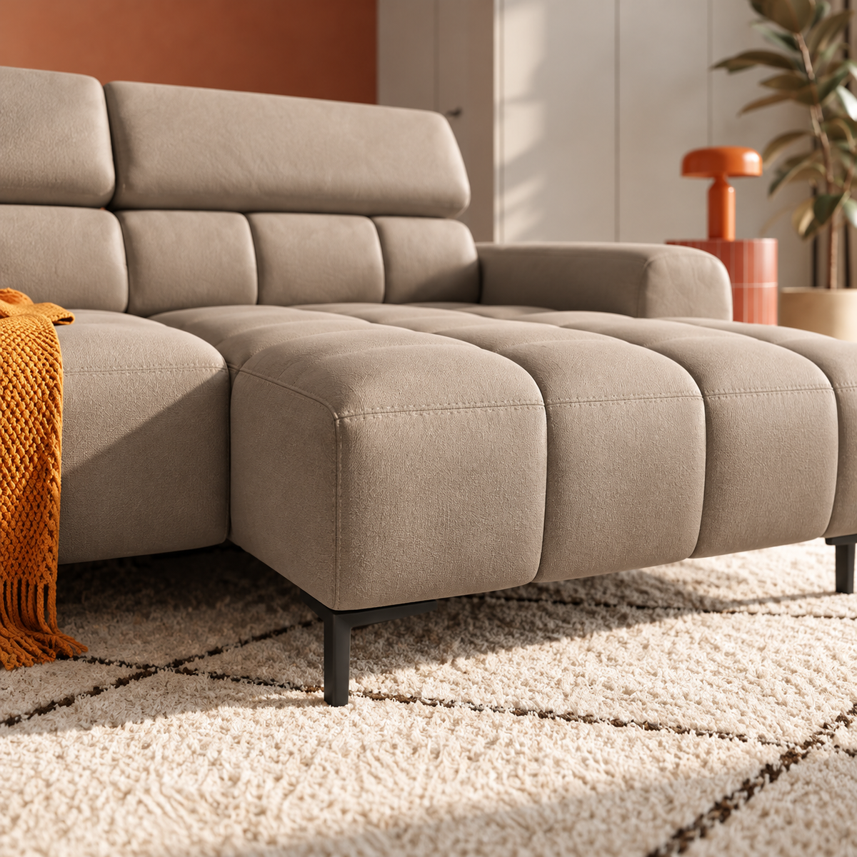 Ecksofa PLAZA MINI mit Relaxfunktion und elektrischer Sitztiefenverstellung – modern & komfortabel, Samt Solar 99 - Schwarz