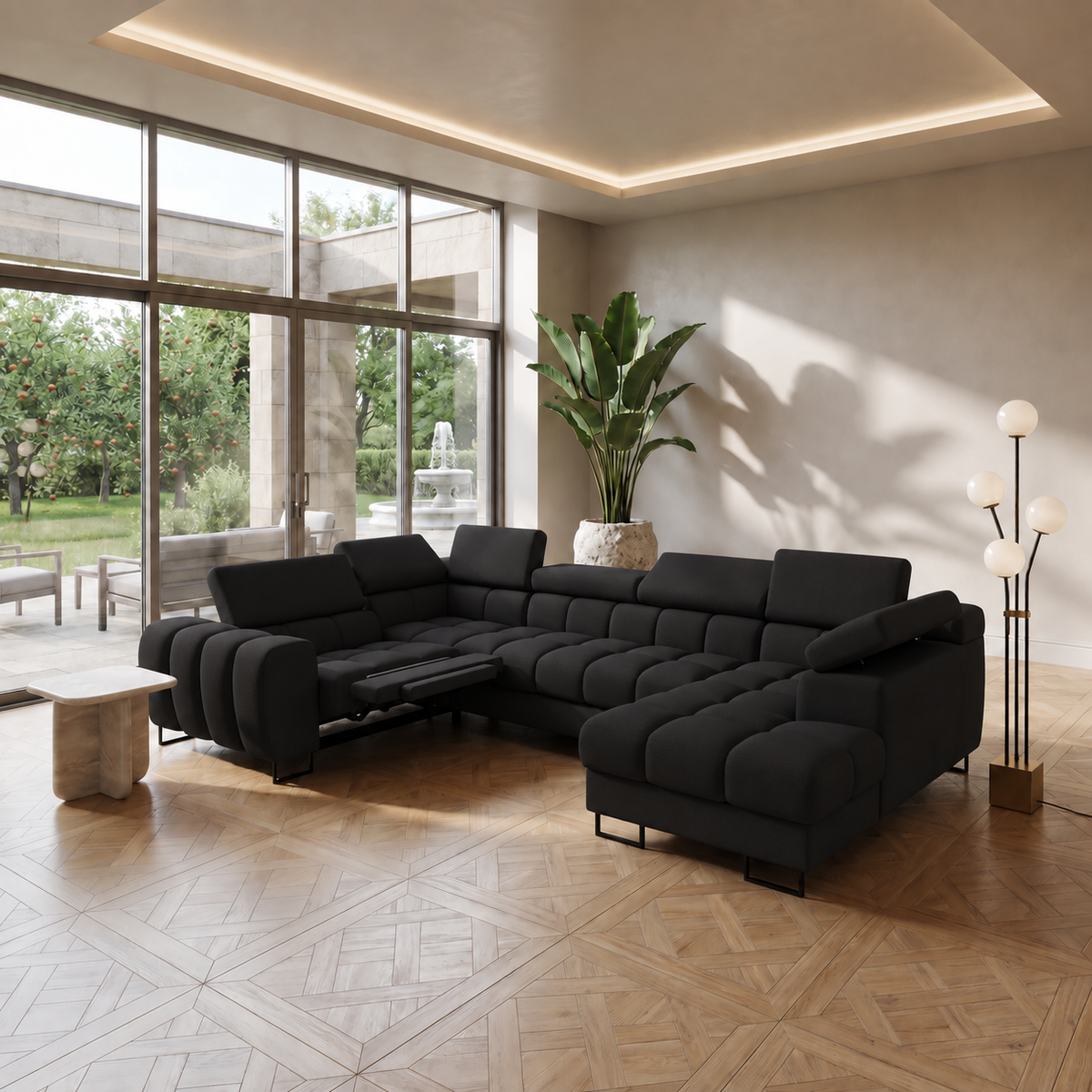 Ecksofa ASPEN MAX II RELAX Ledersofa 198x350x170 cm U-form Schlaffunktion Bettkasten Schwarz (K-70)