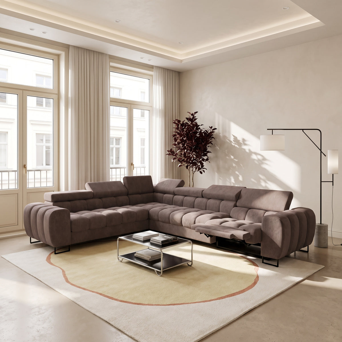 Ecksofa Aspen Max Relax 330×260 cm mit Schlaffunktion & Relax, Terra Stoff - verstellbare Kopfstützen - Liegefläche 117x190