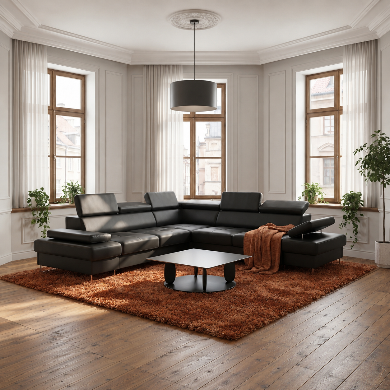 GALAXY MAX Ecksofa 280x280 cm, Echtleder L-7, Schwarz