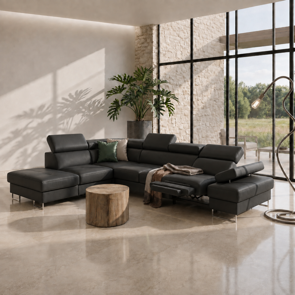 Ecksofa GALAXY RELAX Ledersofa 225×350 cm Schlaffunktion Bettkasten Relaxfunktion, Schwarz (K-70)