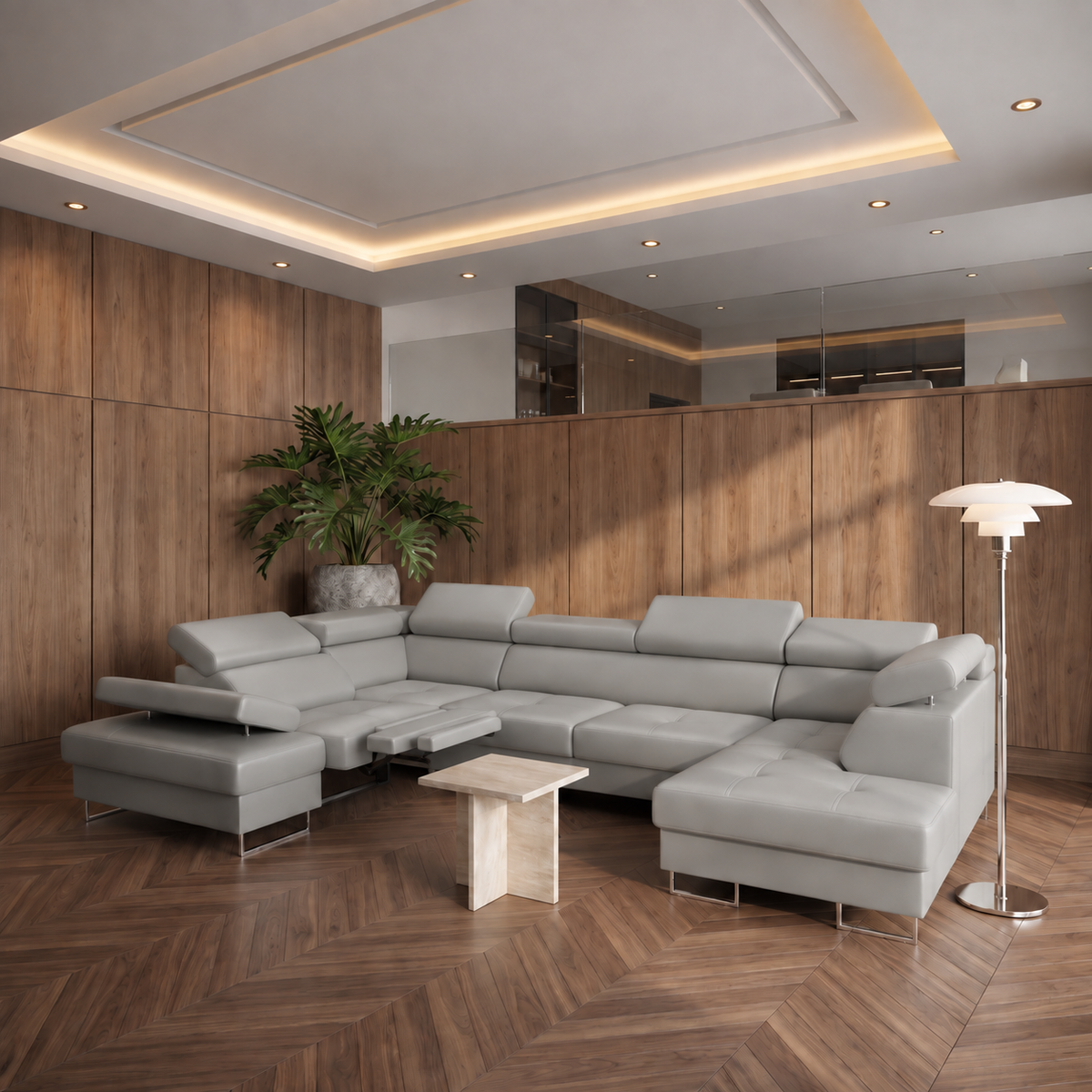 Ecksofa Leder GALAXY MAX II RELAX Ledersofa 215x350x170 cm Schlaffunktion Bettkasten Relaxfunktion - Hellgrau U-24