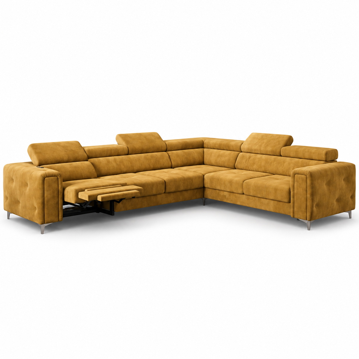 Ecksofa Orion I Relax mit Schlaffunktion und verstellbaren Kopfstützen im Glamour-Stil - Stoff Terra 48, Senf