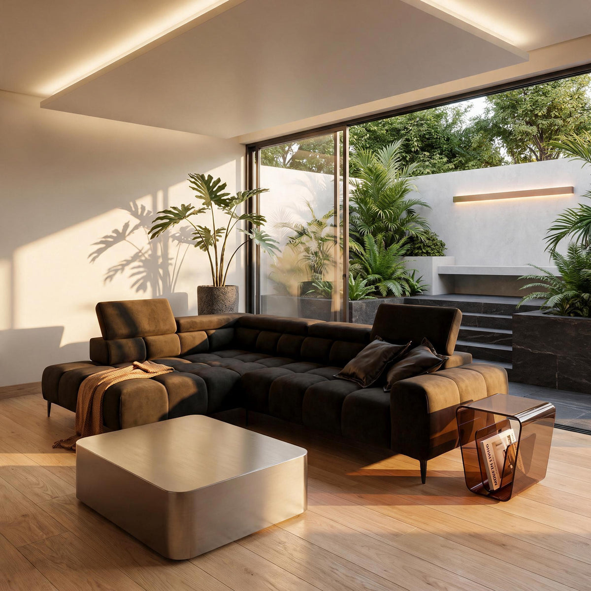 Ecksofa PLAZA L mit elektrischer Sitzverstellung und verstellbaren Kopfstützen – modern & komfortabel, Samt Solar 16 - Taupe, Beige