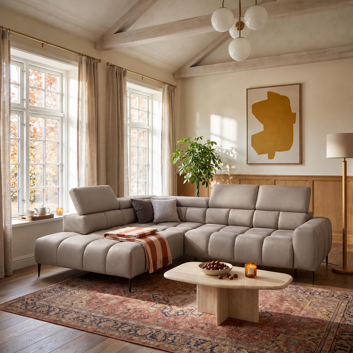 Ecksofa PLAZA L mit elektrischer Sitzverstellung und verstellbaren Kopfstützen – modern & komfortabel, Samt Solar 16 - Taupe, Beige